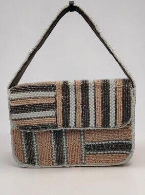 New Beaded Striped Hand Bag in Peach, Chrome & White Combo By Studio 12